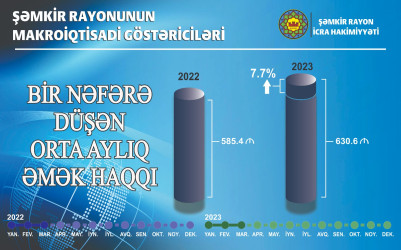 Şəmkir rayonunda 2022-ci ilin 1-ci rübü ilə müqayisədə 2023-cü ilin eyni dövründə bir nəfərə düşən orta aylıq əmək haqqı 7,7% artaraq 630,6 manat olub.